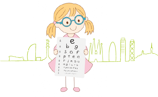 Niña con tabla optométrica frente al skyline de Barcelona